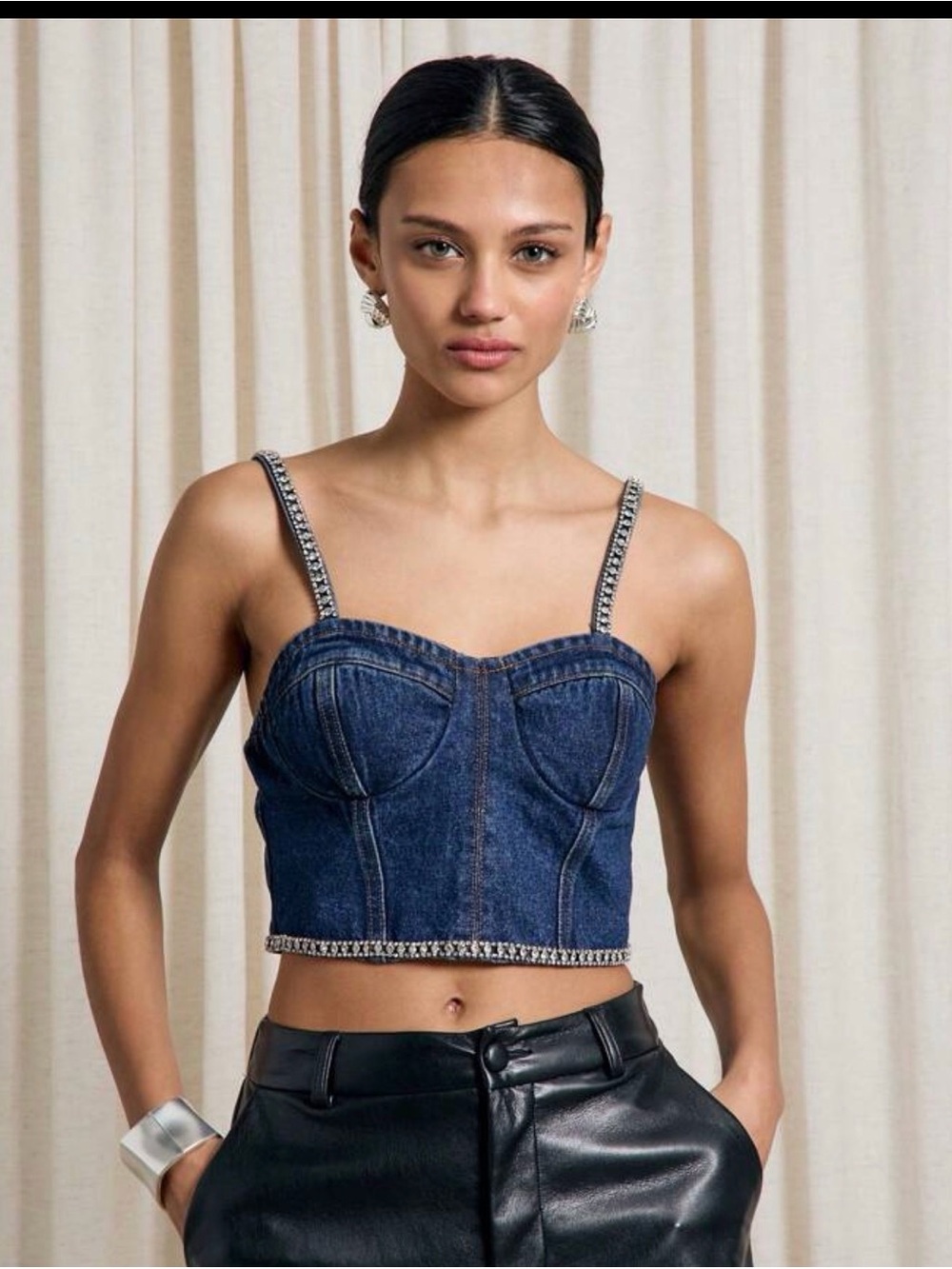 Dark Blue Denim Corset Crop Top with Embellished Straps
